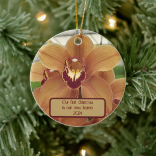 Custom "First Christmas in our new home" orchid Ceramic Ornament