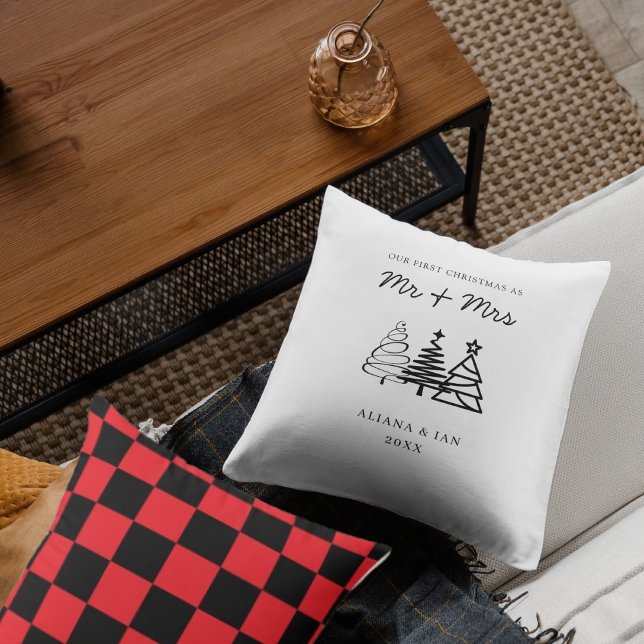Custom First Christmas Married Chequered pattern Throw Pillow (Creator Uploaded)