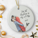 Custom First Christmas Mr and Mrs Photo Overlay Ceramic Ornament<br><div class="desc">Celebrate your first Christmas as Mr. and Mrs. with this custom ceramic ornament, featuring a photo overlay and trendy script calligraphy lettering. The simple and minimalist design adds a touch of elegance to your holiday decor, making it a perfect keepsake for newlyweds. Whether it's a gift for a wedding, anniversary,...</div>