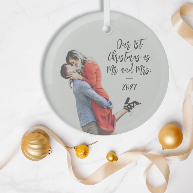 Custom First Christmas Mr and Mrs Photo Overlay Glass Ornament (Creator Uploaded)