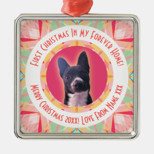 Custom First Christmas Star Modern Winter Red Pink Metal Ornament