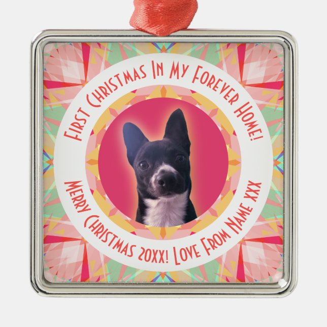 Custom First Christmas Star Modern Winter Red Pink Metal Ornament (Front)