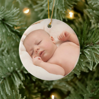 Custom First Christmas With Birth Stats 1 Photo Ceramic Ornament
