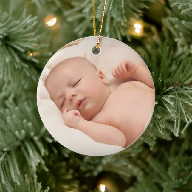 Custom First Christmas With Birth Stats 1 Photo Ceramic Ornament (Tree)