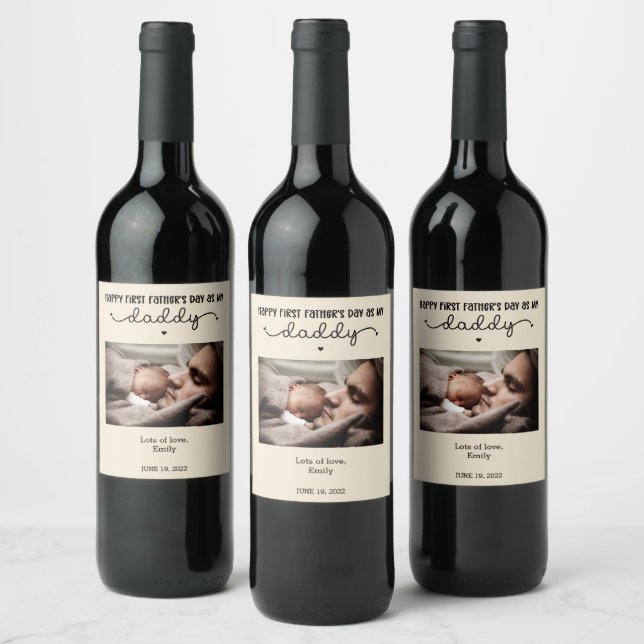Custom First Father's Day Cute Minimalist Photo Wine Label (Bottles)