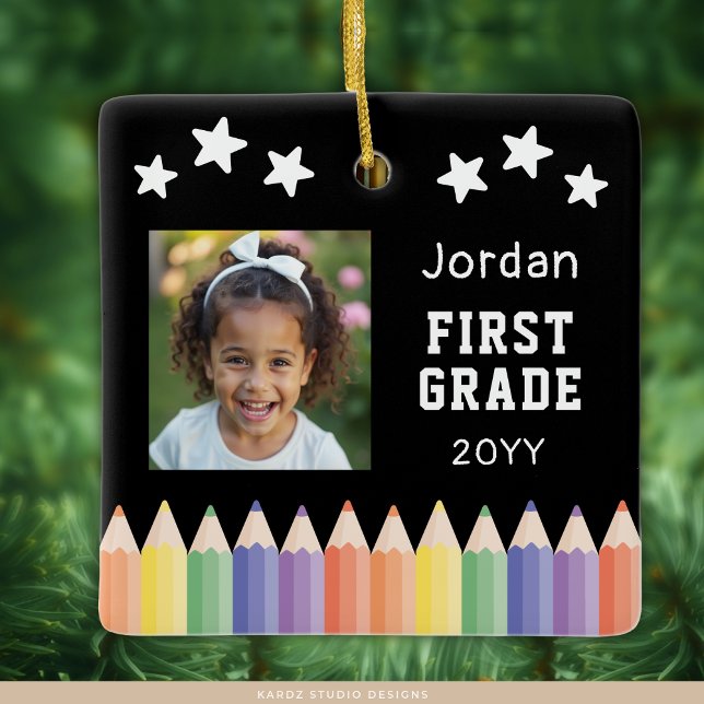 Custom First Grade Colourful Photo Keepsake Ceramic Ornament (Add your favorite photo, edit name, grade, and year.)