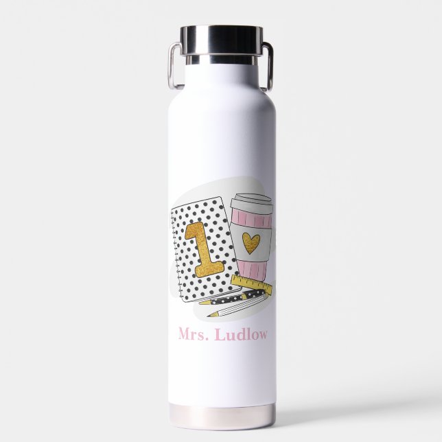 Custom First Grade Teacher White Notebook School Water Bottle (Front)