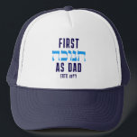 Custom FIRST HANUKKAH AS DAD Matching  Trucker Hat<br><div class="desc">FIRST HANUKKAH AS DAD Trucker Hat with CUSTOMIZABLE TEXT. Hanukkah is written in Hebrew. You can CUSTOMIZE the 'AS DAD' (eg. replaced with MOM, perhaps?) and PERSONALIZE with your baby name and/or year. A beautiful milestone souvenir Trucker Hat for new dad celebrating his first 'paternal' Hanukkah. Matching sweatshirt and Mom...</div>
