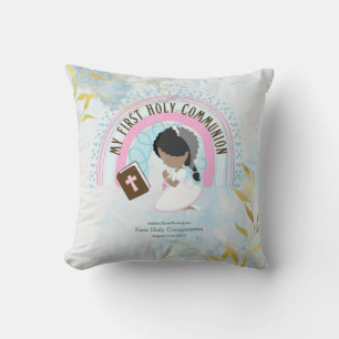 Custom First Holy Communion Cute Black Hair Girl Throw Pillow