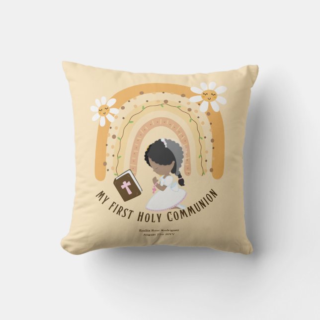 Custom First Holy Communion Cute Black Hair Girl Throw Pillow (Front)