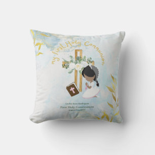 Custom First Holy Communion Cute Black Hair Girl Throw Pillow