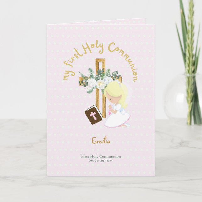 Custom First Holy Communion Cute Blonde Hair Girl Thank You Card (Front)