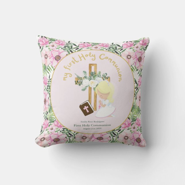 Custom First Holy Communion Cute Blonde Hair Girl Throw Pillow (Front)
