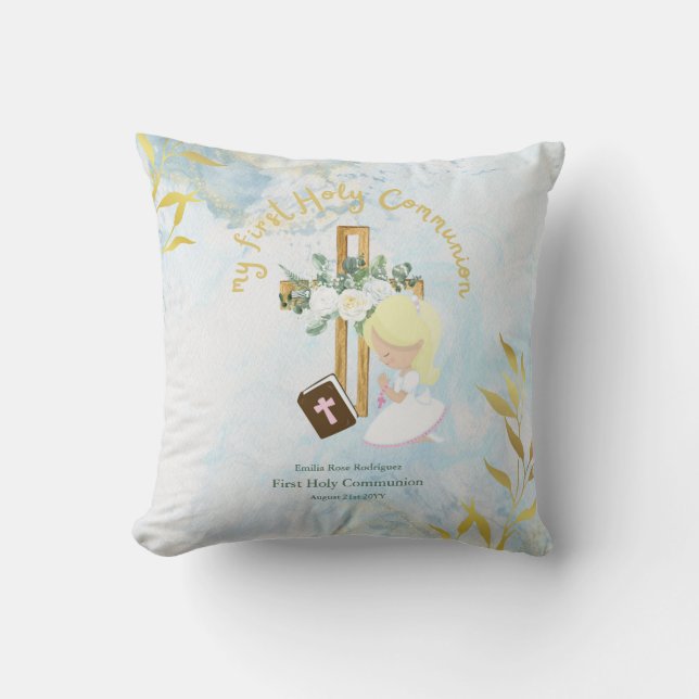 Custom First Holy Communion Cute Blonde Hair Girl Throw Pillow (Front)