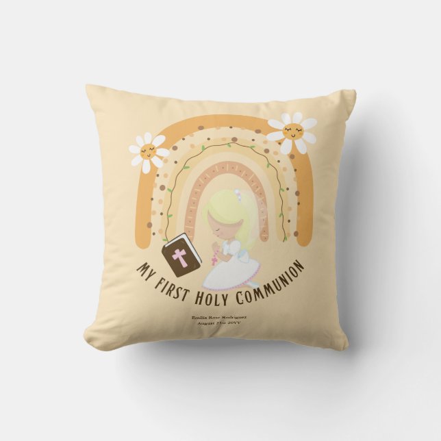 Custom First Holy Communion Cute Blonde Hair Girl Throw Pillow (Front)