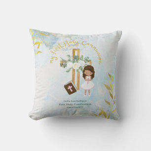 Custom First Holy Communion Cute Brown Hair Girl Throw Pillow