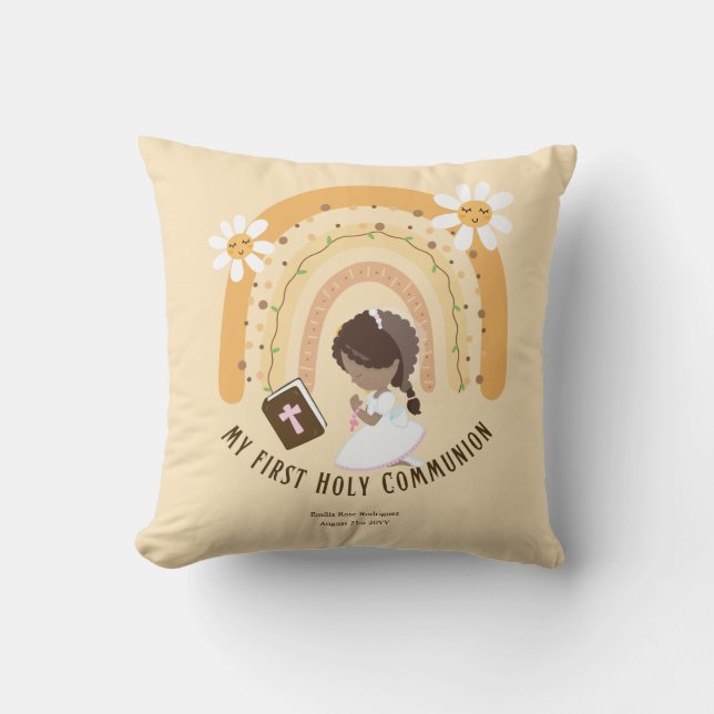 Custom First Holy Communion Cute Brown Hair Girl Throw Pillow (Front)