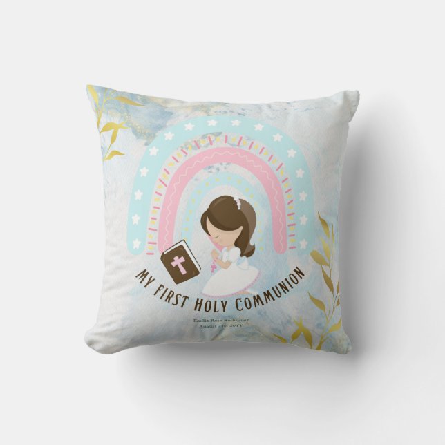 Custom First Holy Communion Cute Brown Hair Girl Throw Pillow (Front)