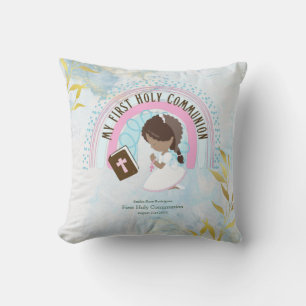 Custom First Holy Communion Cute Brown Hair Girl Throw Pillow