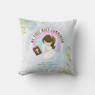 Custom First Holy Communion Cute Brown Hair Girl Throw Pillow