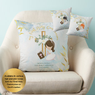 Custom First Holy Communion Cute Brown Hair Girl Throw Pillow