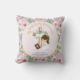 Custom First Holy Communion Cute Brown Hair Girl Throw Pillow
