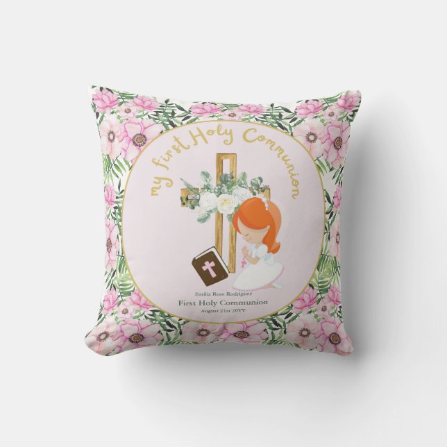 Custom First Holy Communion Cute Red Hair Girl Throw Pillow (Front)