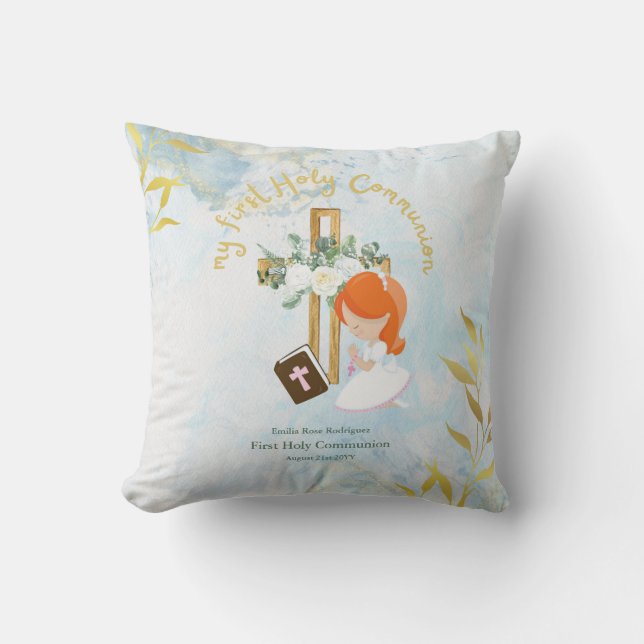 Custom First Holy Communion Cute Red Hair Girl Throw Pillow (Front)