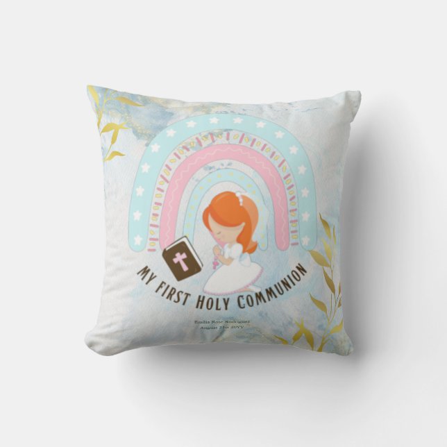 Custom First Holy Communion Cute Red Hair Girl Throw Pillow (Front)