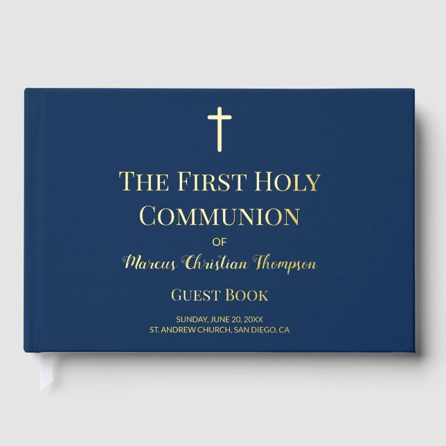 Custom First Holy Communion Elegant Catholic Blue Guest Book (Front)