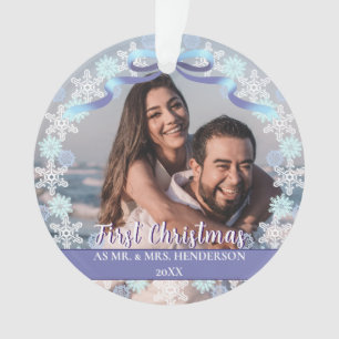 Custom First Married Christmas Snowflakes Ribbon Ornament