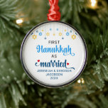 Custom FIRST MARRIED HANUKKAH Metal Ornament<br><div class="desc">Cute FIRST HANUKKAH MARRIED Metal ornament with CUSTOMIZABLE NAMES & YEAR. Design shows Hanukkah blue handwriting script typography with blue and yellow hanging stars. Two red stars decorate the word 'married'. A beautiful souvenir for couples celebrating their first married Hanukkah. Design is repeated on the back. Ceramic version available separately....</div>