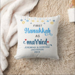 Custom FIRST MARRIED HANUKKAH Throw Pillow<br><div class="desc">Cute FIRST HANUKKAH MARRIED Throw Pillow with CUSTOMIZABLE NAMES & YEAR. Design shows Hanukkah blue handwriting script typography with blue and yellow hanging stars. Two red stars decorate the word 'married'. A beautiful souvenir for couples celebrating their first married Hanukkah. Design is repeated on the back.</div>