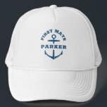 Custom First Mate Boat Nautical Anchor Navy Ship Trucker Hat<br><div class="desc">Custom boat hat with a navy blue nautical anchor reading FIRST MATE and your personalized name. Great gift for a boating trip,  your own sail boat,  yacht,  or boat crew.</div>