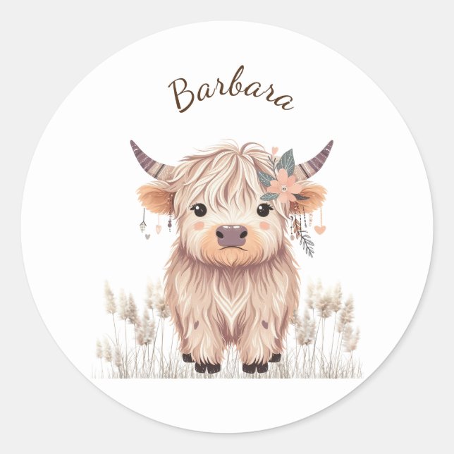 Custom First Name Cute Modern Boho Highland Cow Classic Round Sticker (Front)