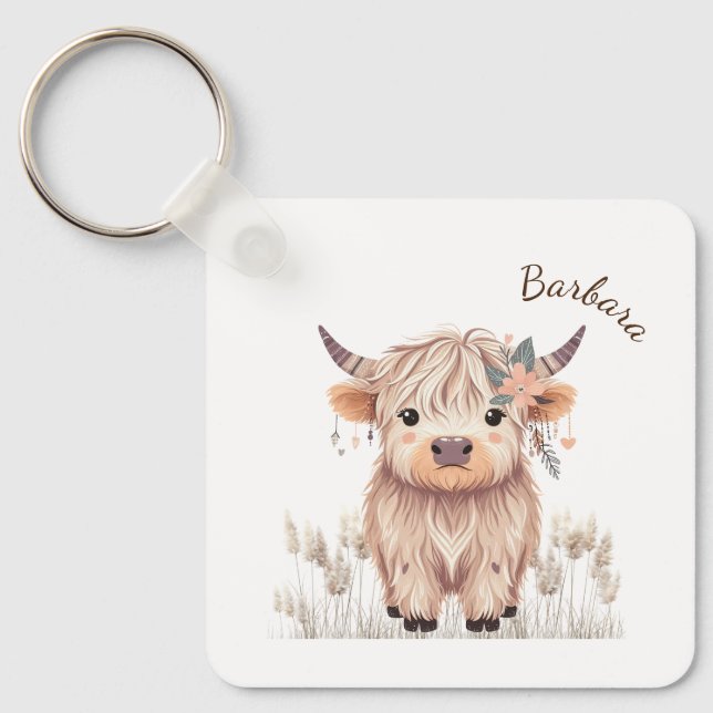 Custom First Name Cute Modern Boho Highland Cow Keychain (Front)