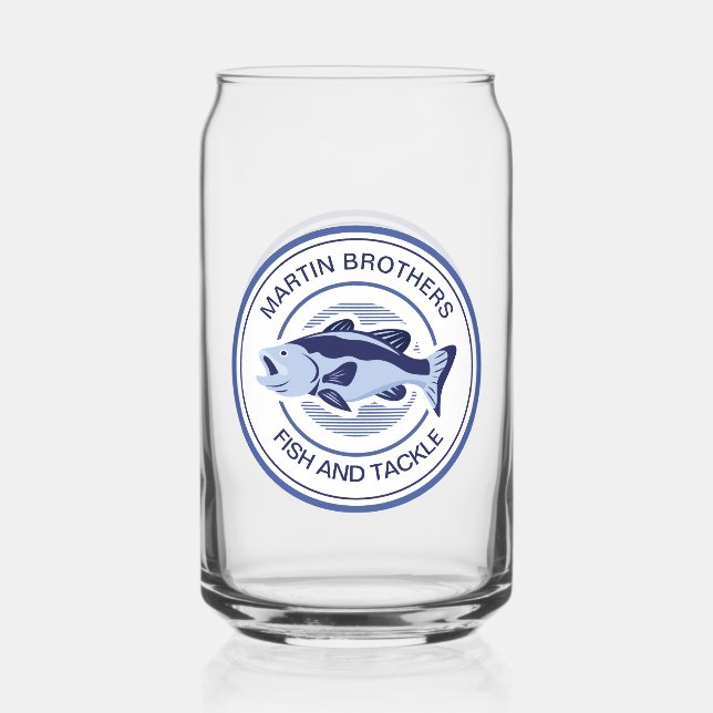 Custom Fish and Tackle Shop Blue Fisherman Can Glass (Front)