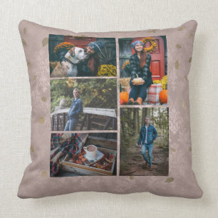 Custom / Five Photo Collage Glam Rose Gold Leaves Throw Pillow