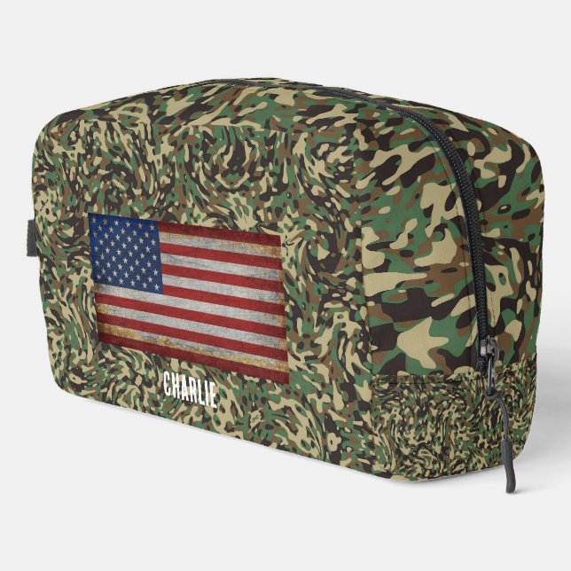 Custom Flag Camouflage Green Personalized Name Dopp Kit (Right Corner)