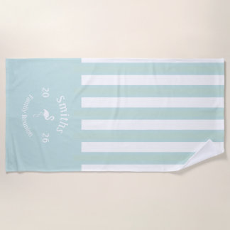 Custom Flamingo Striped Teal Family Reunion Beach Towel