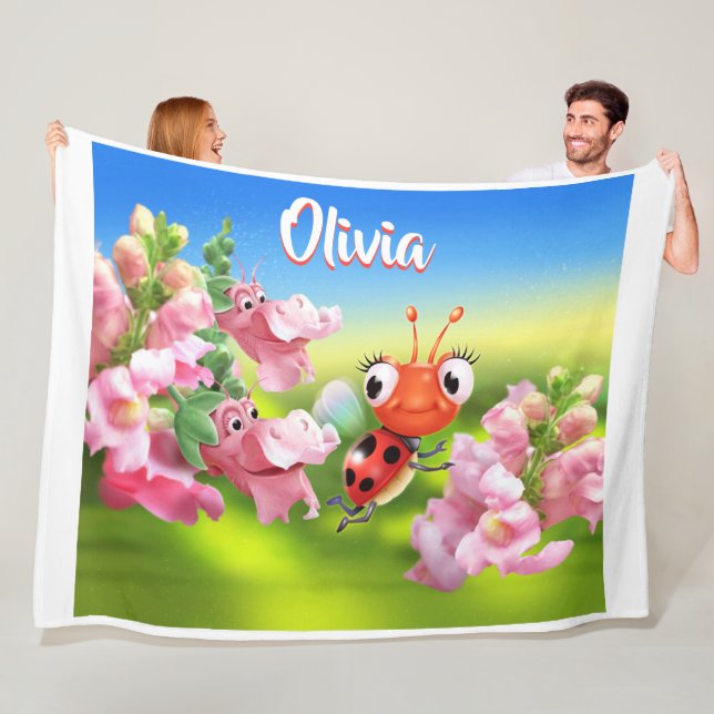 Custom Fleece blanket (80 x 60”) Ladybug flowers. (In Situ)