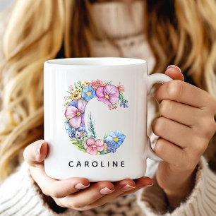 Custom Floral Alphabet Mug for Her, Teacher Gift