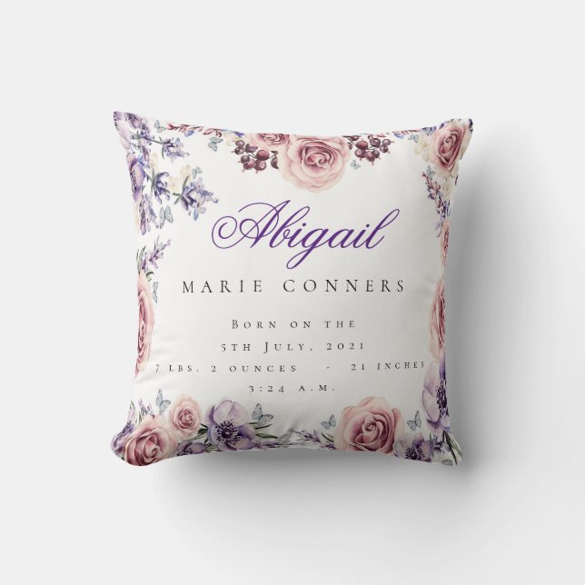 Custom Floral Birth Stat Baby Throw Pillow (Front)