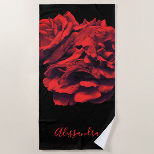 Custom Floral Black Red Roses Botanical Elegant Beach Towel