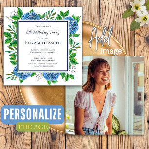 Custom Floral Blue Hydrangeas Photo Birthday Party Invitation