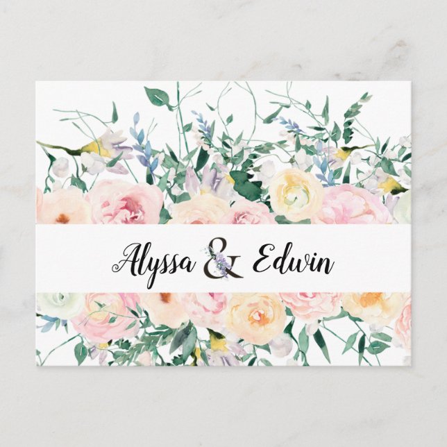 Custom Floral Bride Groom Names Save the Date Postcard (Front)