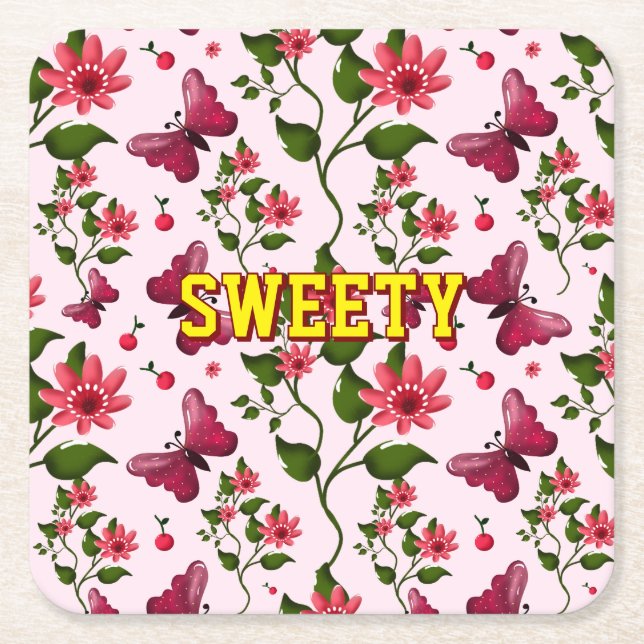 Custom floral butterfly pattern  square paper coaster (Front)