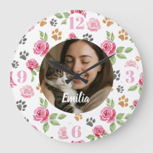 Custom Floral Cat Mom Wall Clock with Photo 