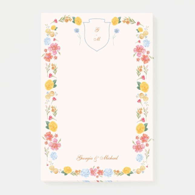 Custom Floral Crest Wedding Monogram  Post-it Notes (Front)