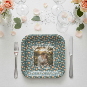 Custom Floral Doodle Photo Engagement Paper Plates